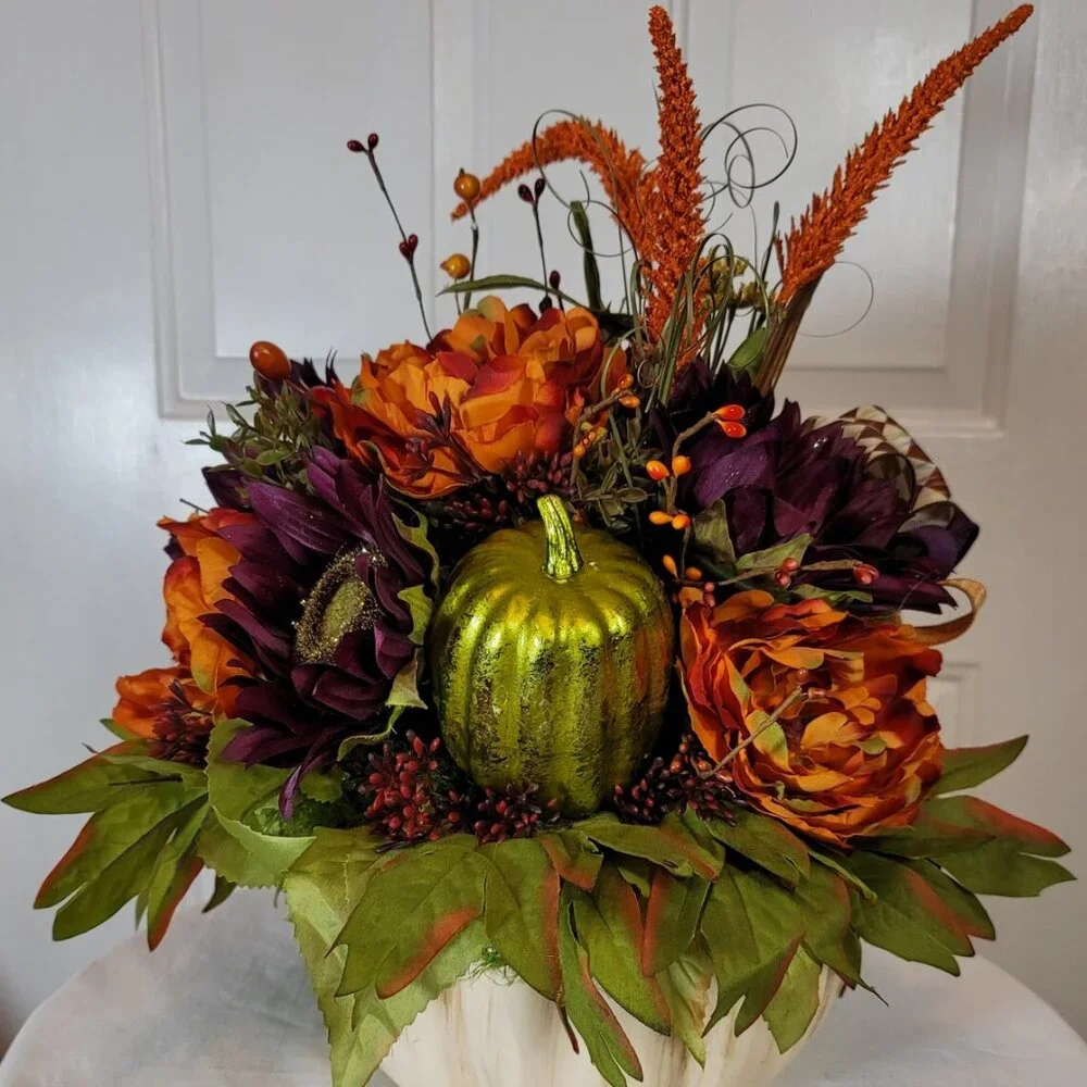 Fall Pumpkin with Purple Sunflowers & Orange Peonies Floral Arrangement - Medium